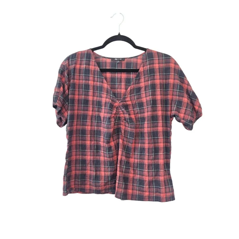 Madewell Gathered V-Neck Top in Plaid Size Medium